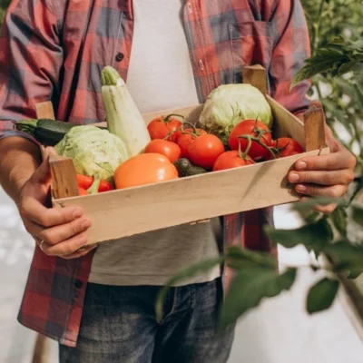 Homme portant un panier de légumes frais